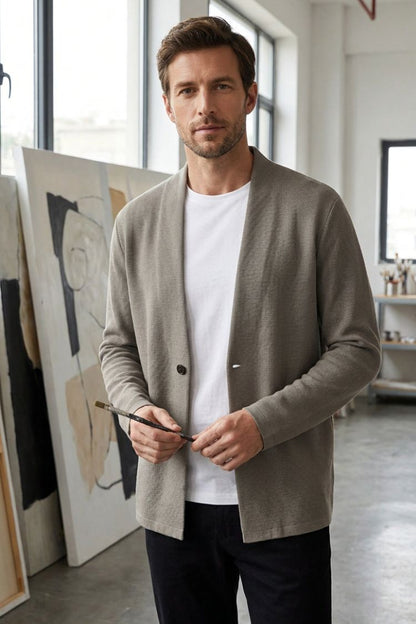 Men's textured cardigan with shawl collar and button front