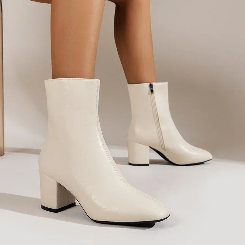 Women's glossy ankle boots with square toe and block heel