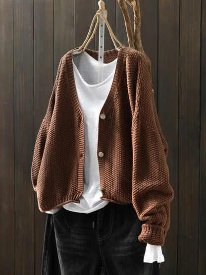 Women's textured knit cardigan with V-neck, button front and long sleeves