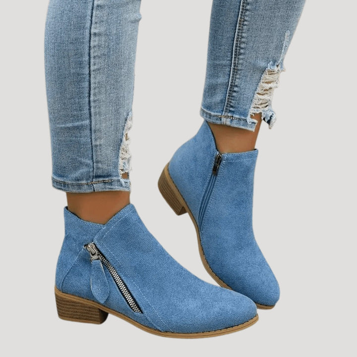 Women's ankle boots with side zippers and low block heels