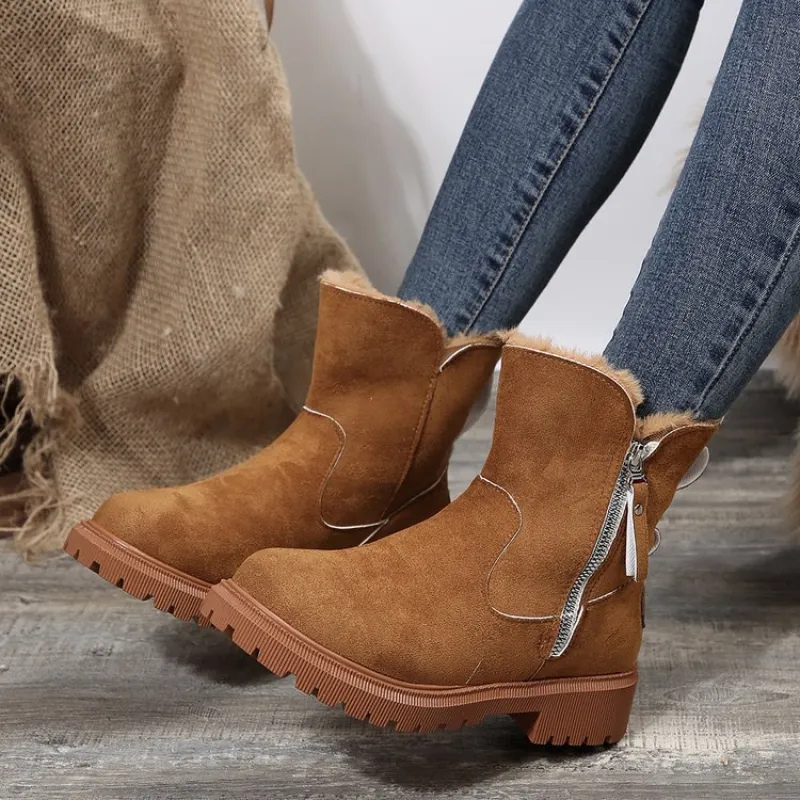 Women's ankle boots with plush fur cuffs, side zippers and lug soles