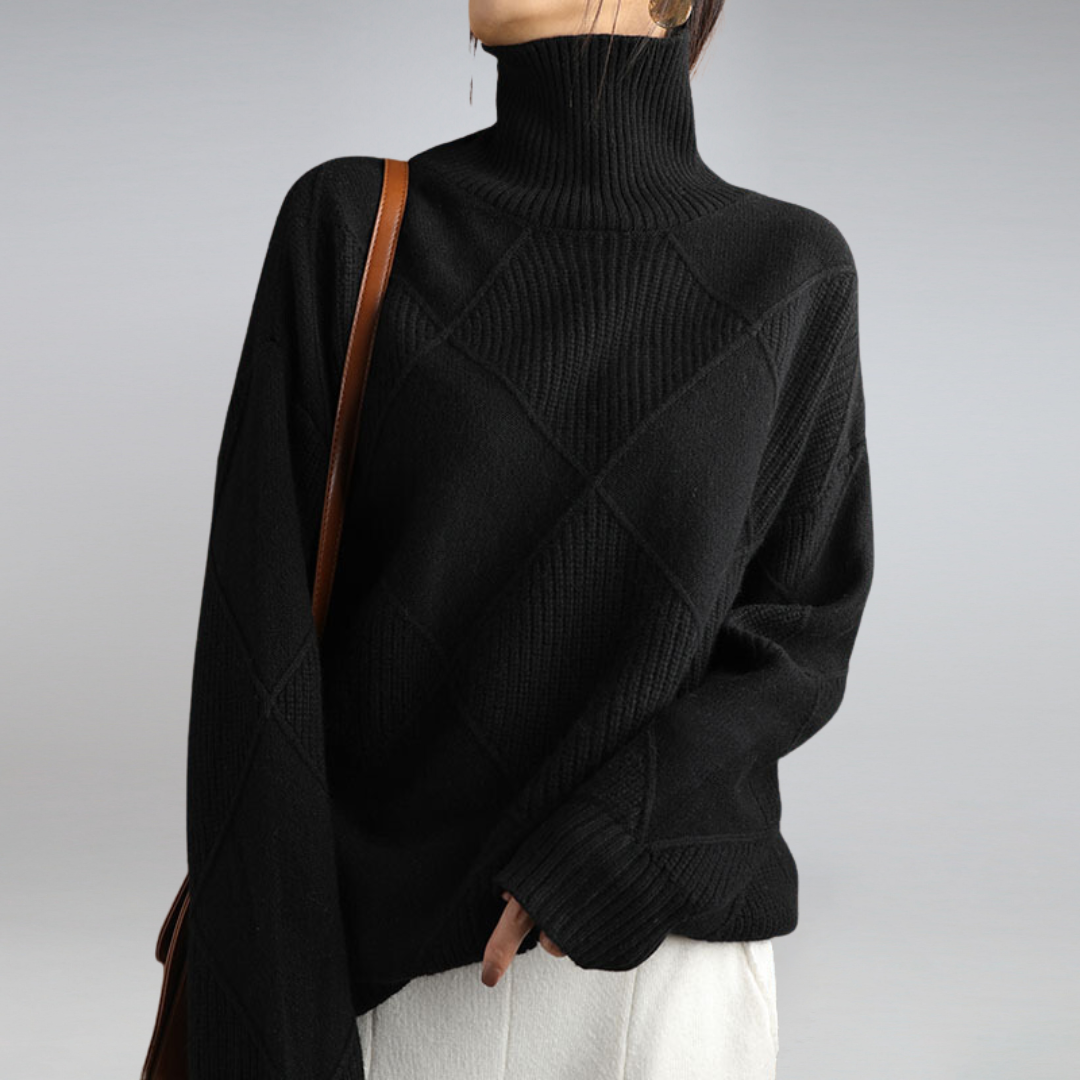 Women's geometric turtleneck sweater with long sleeves and ribbed panels