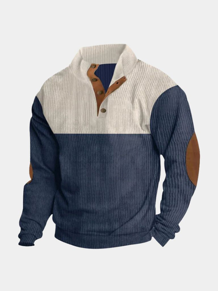 Men's two-tone high-collar corduroy pullover with elbow patches