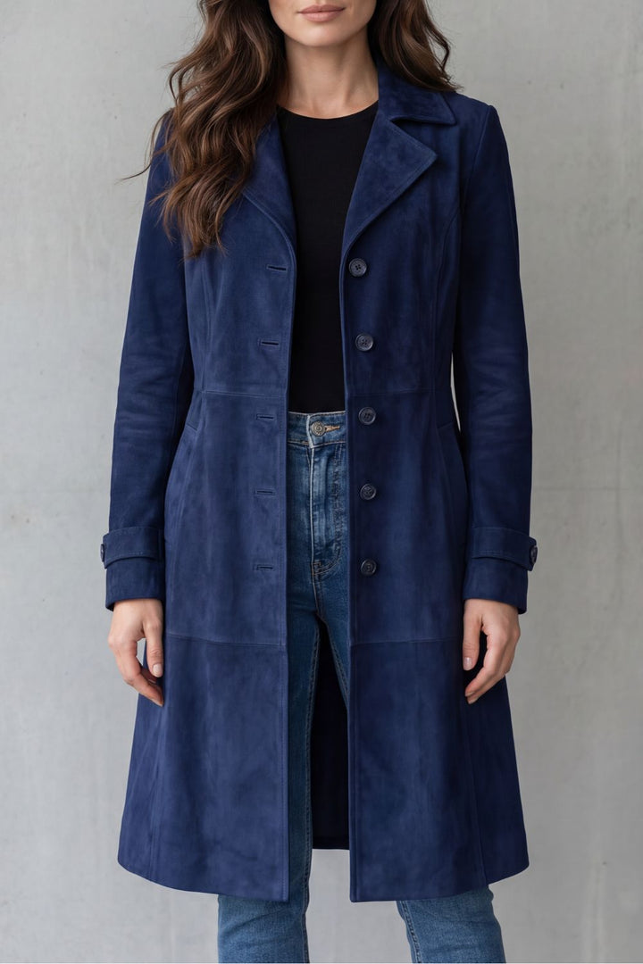 Women's longline coat with notched lapels, button front and hip pockets