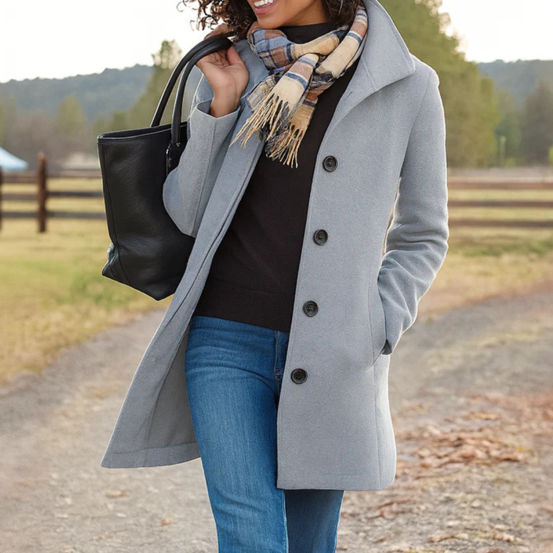 Women's button-front coat with lapel collar, long sleeves and side pockets