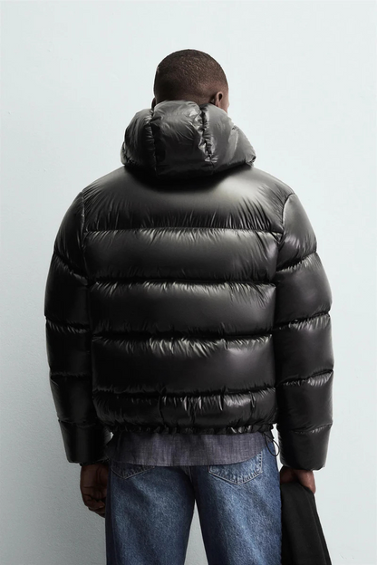 Men's quilted hooded puffer jacket with long sleeves and front zipper