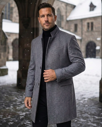 Men's long structured coat with mandarin collar, button front and flap pockets