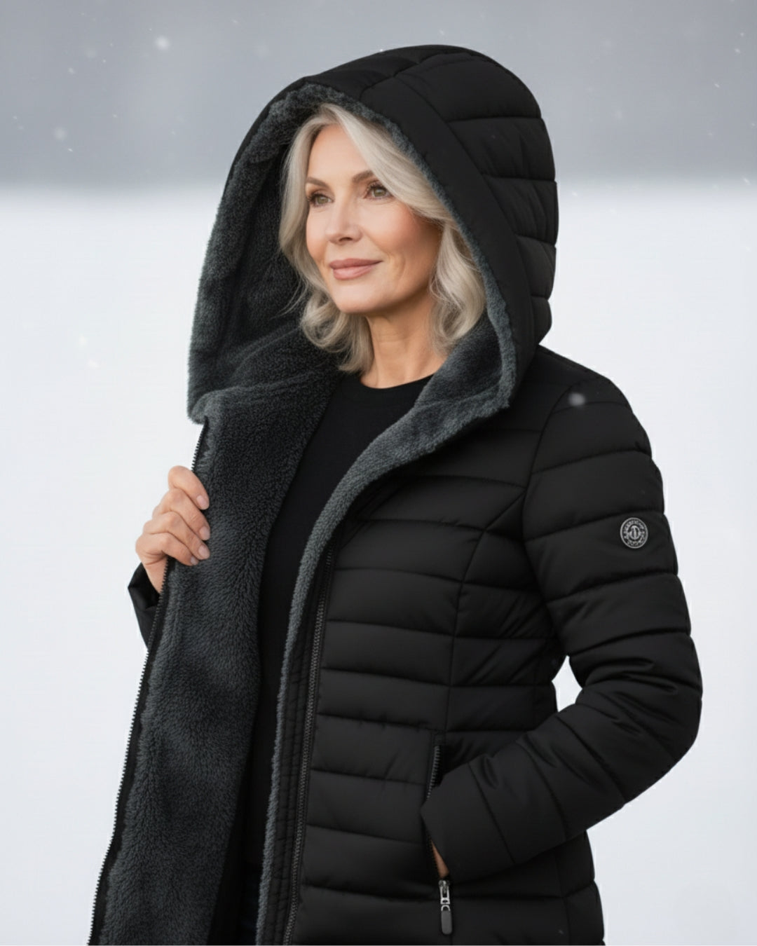 Women's long quilted puffer coat with hood and full front zipper
