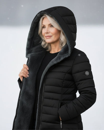 Women's long quilted puffer coat with hood and full front zipper