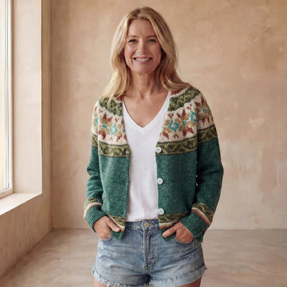 Women's short Fair Isle jacquard cardigan with V-neck and button front