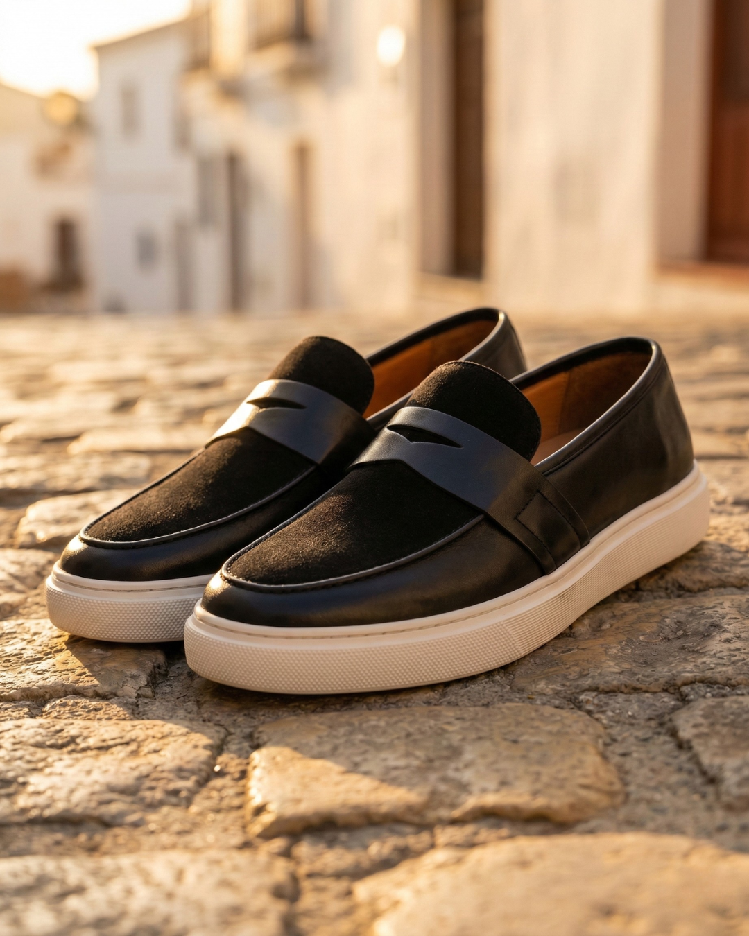 Slip-on penny loafer with textured vamp panel and flat contrast sole