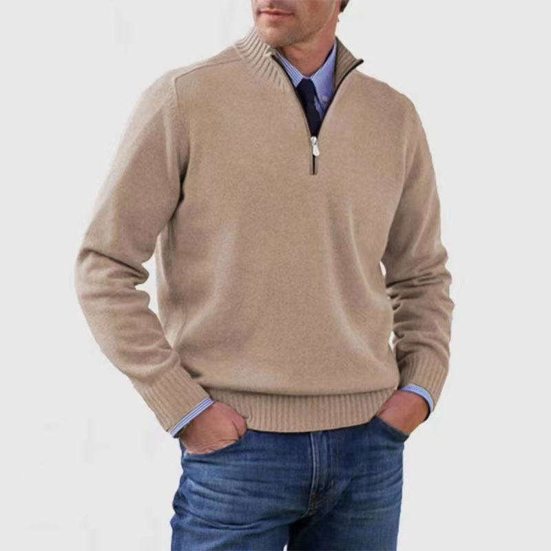 Men's half-zip mock neck sweater with long sleeves and ribbed trims