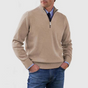Men's half-zip mock neck sweater with long sleeves and ribbed trims