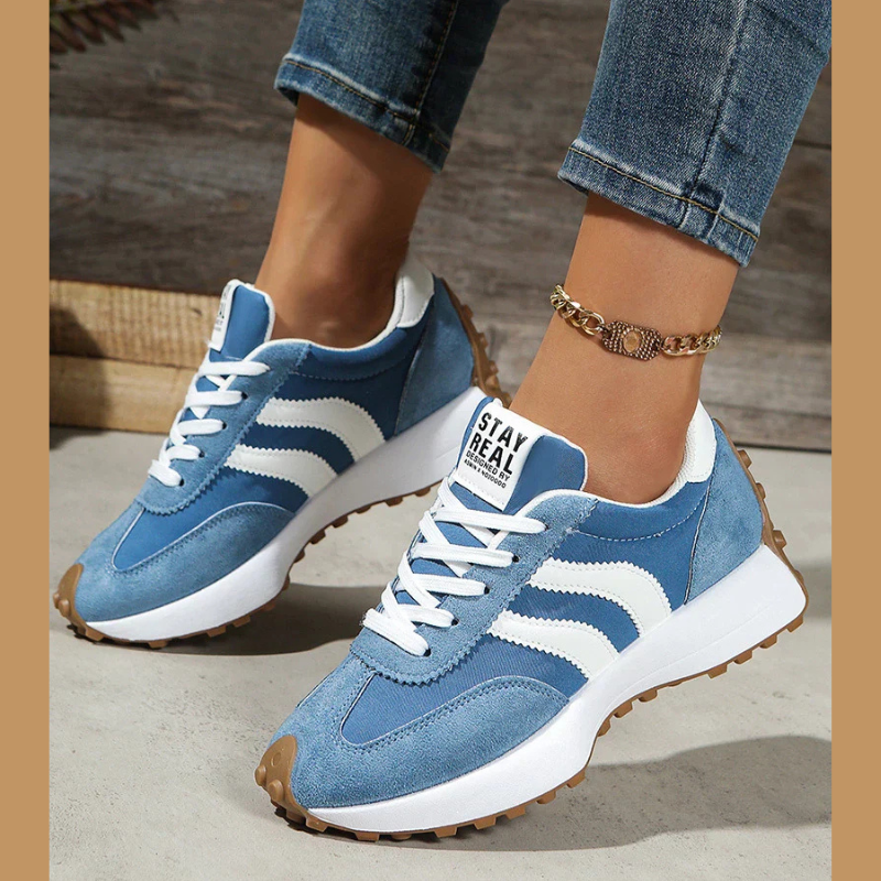 Women's retro lace-up sneakers with striped side panels and flat textured soles