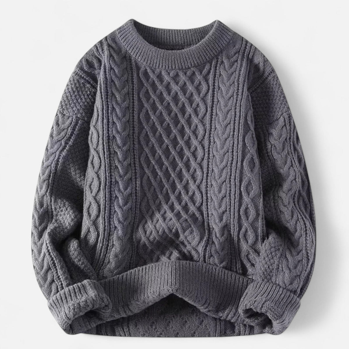 Men's cable knit crew neck sweater with long sleeves and ribbed trims