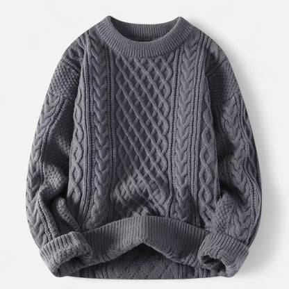 Men's cable knit crew neck sweater with long sleeves and ribbed trims