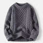 Men's cable knit crew neck sweater with long sleeves and ribbed trims