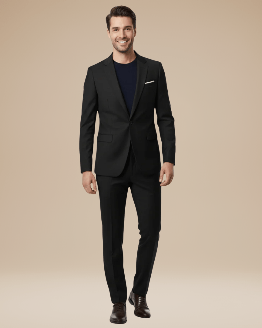 Men's two-piece suit with notched lapels and slim trousers