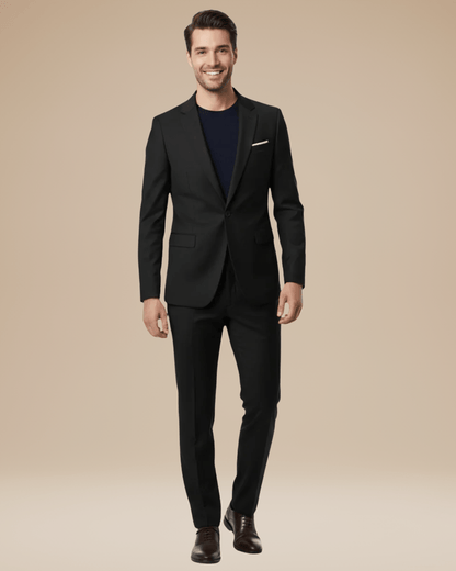 Men's two-piece suit with notched lapels and slim trousers
