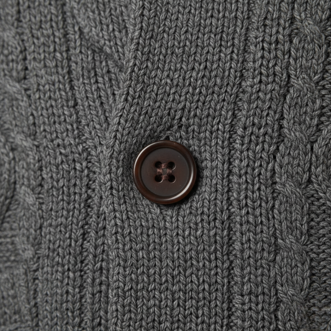 Men's cable-knit shawl-collar cardigan with buttons and pockets