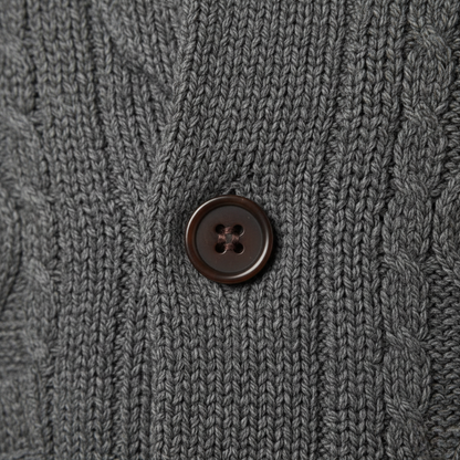 Men's cable-knit shawl-collar cardigan with buttons and pockets