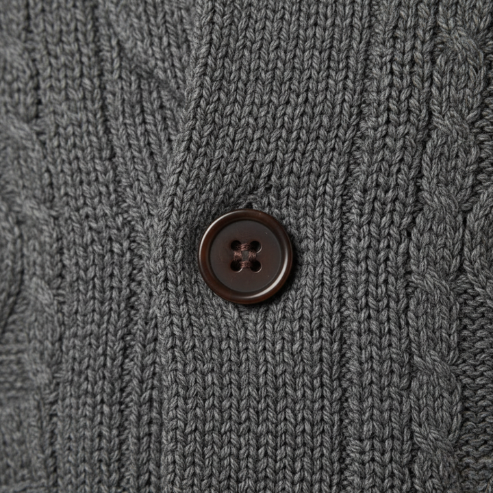 Men's cable-knit shawl-collar cardigan with buttons and pockets