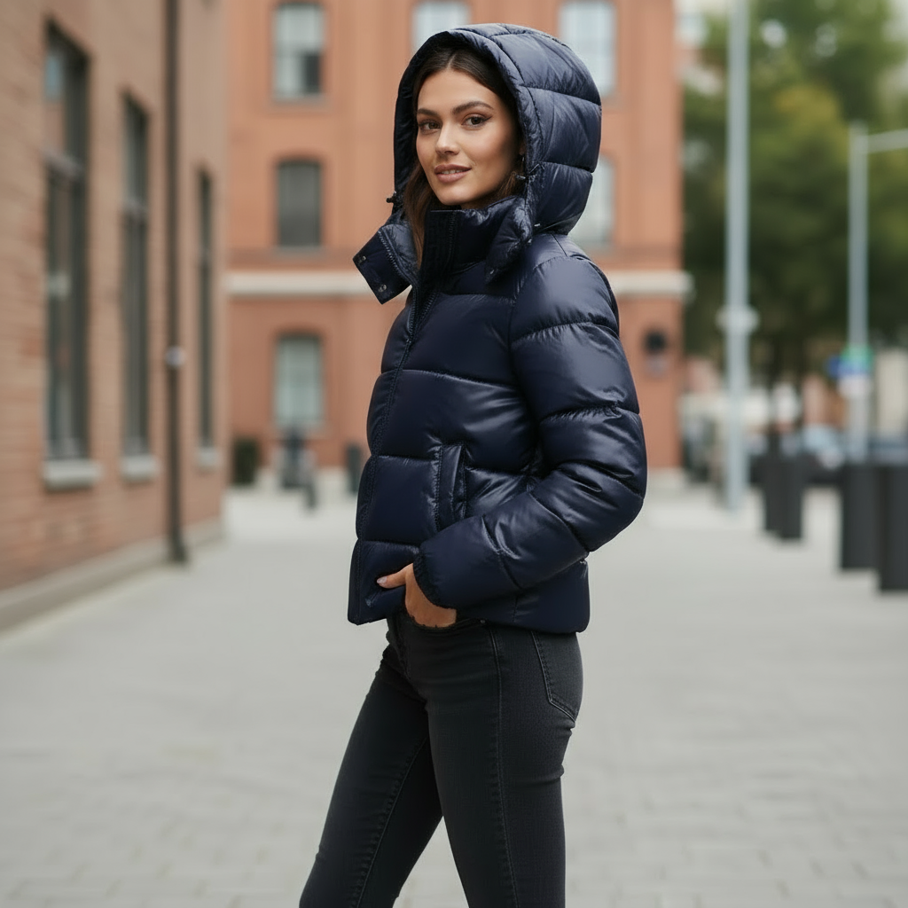 Glossy hooded puffer jacket with horizontal padded panels and front pockets
