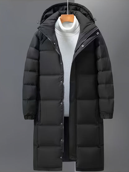 Men's black long hooded puffer coat with quilted panels and zip front