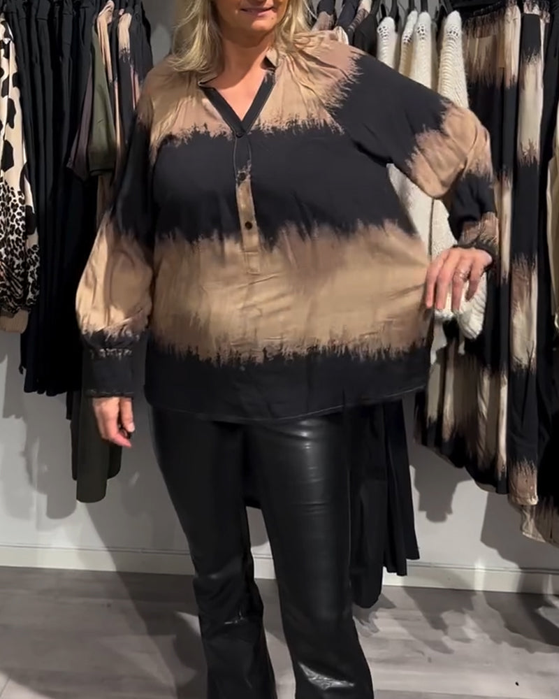 Women's brown and black tie-dye V-neck blouse with long sleeves and buttons