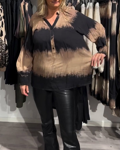 Women's brown and black tie-dye V-neck blouse with long sleeves and buttons