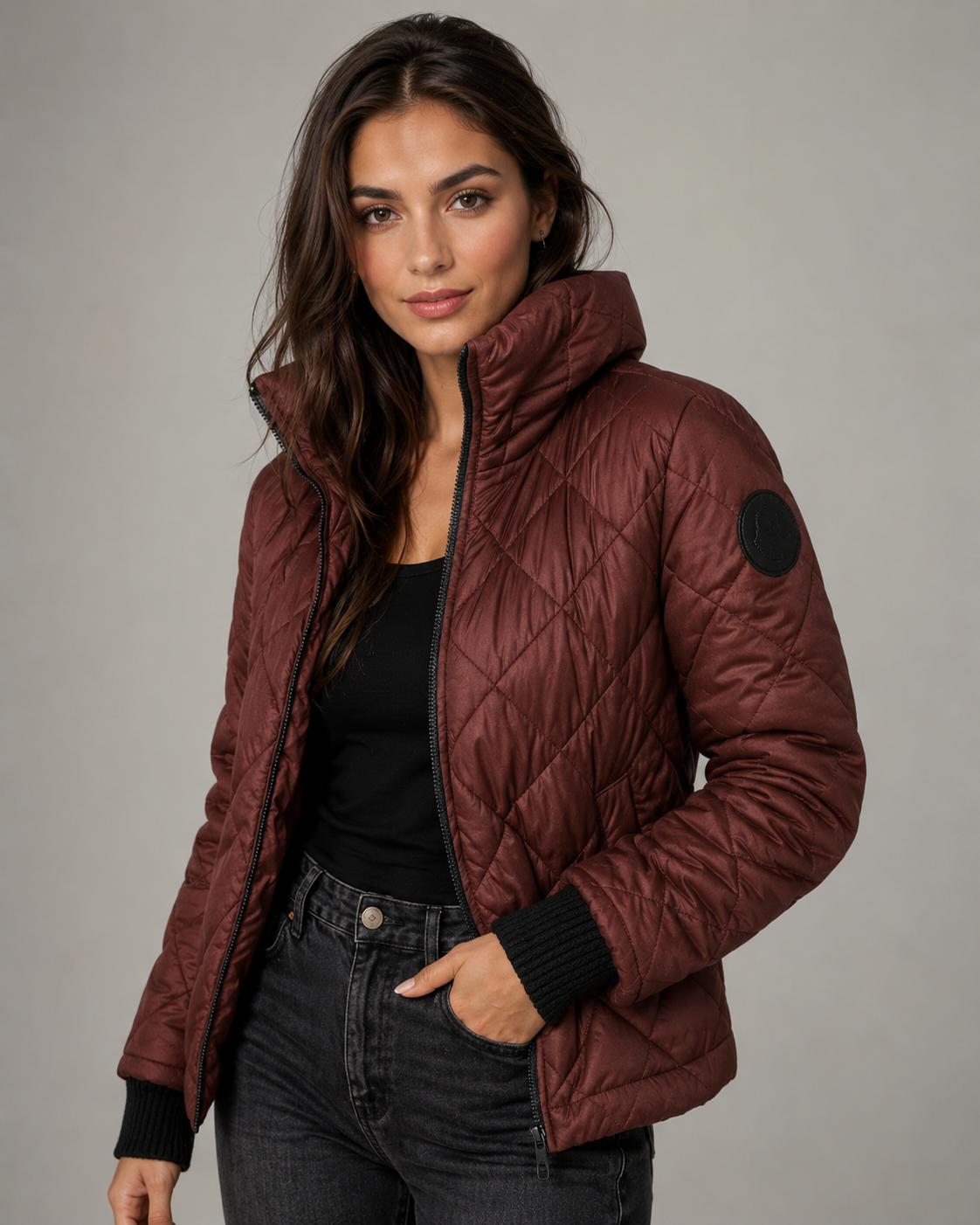 Women's quilted hooded jacket with long sleeves and zip fastening