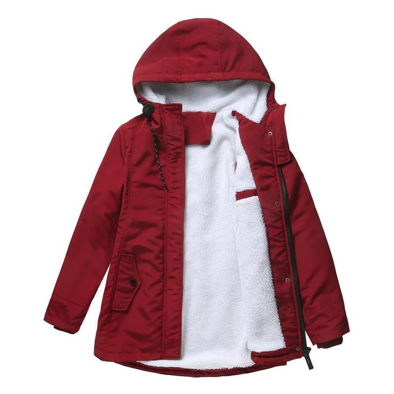 Women's hooded winter coat with contrasting lining and zip front