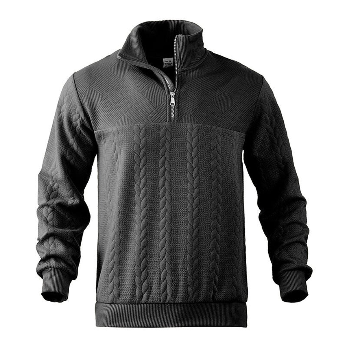 Men's cable knit quarter-zip sweater with mock neck and long sleeves