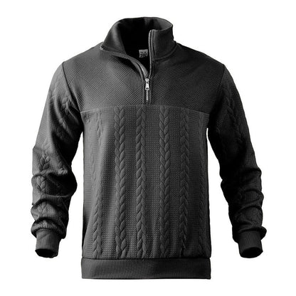 Men's cable knit quarter-zip sweater with mock neck and long sleeves