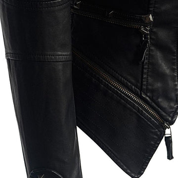 Women's black fitted moto jacket with studded shoulders and zip details