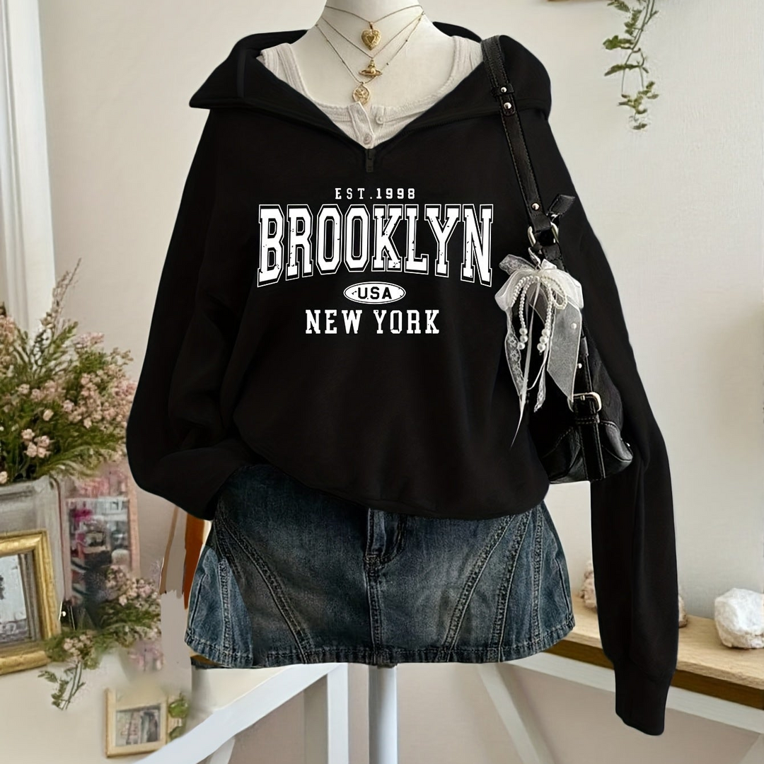 Women's Brooklyn graphic hoodie with hood and partial zipper