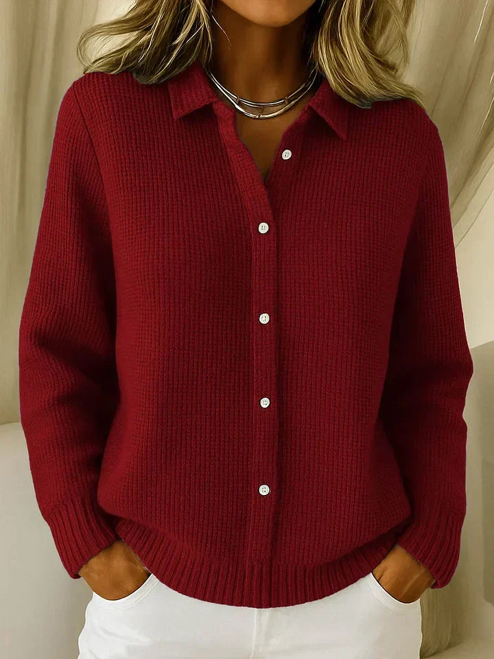 Women's textured button cardigan with collar and long sleeves