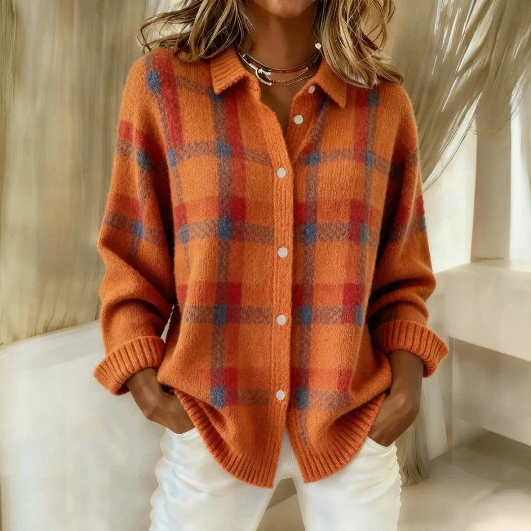 Women's checked collared button-front sweater with long sleeves