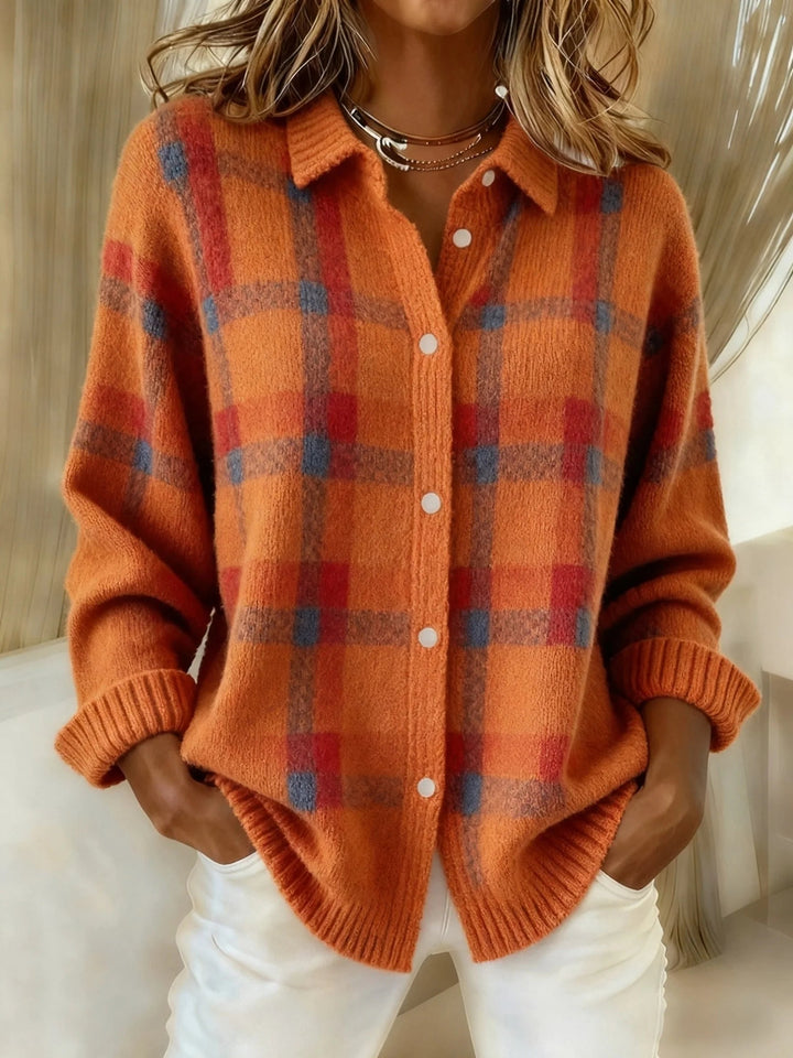 Women's checked button front shirt with collar and long sleeves