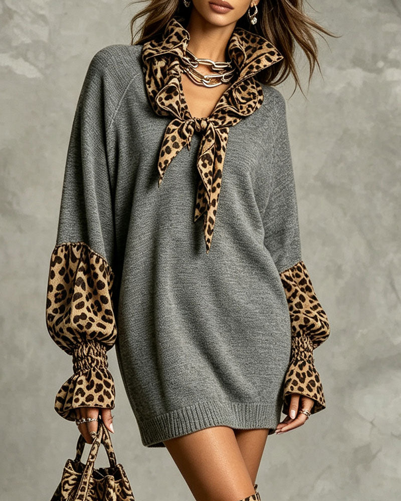 Women's grey sweater mini dress with leopard print tie collar and cuffs