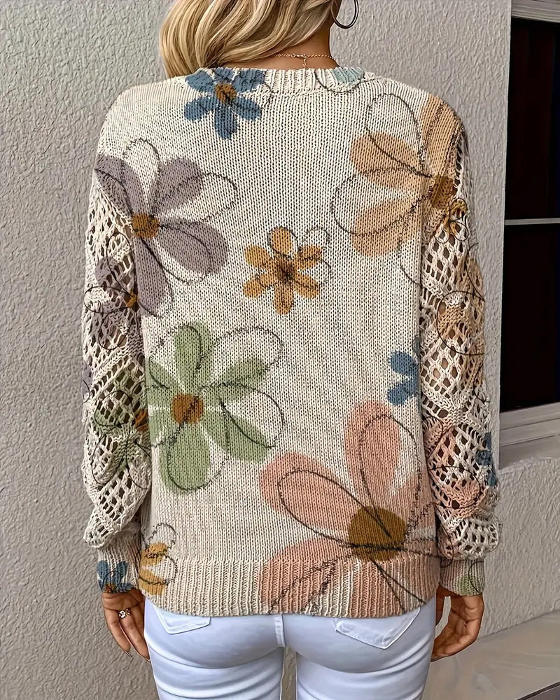 Women's floral open-knit V-neck sweater with long sleeves
