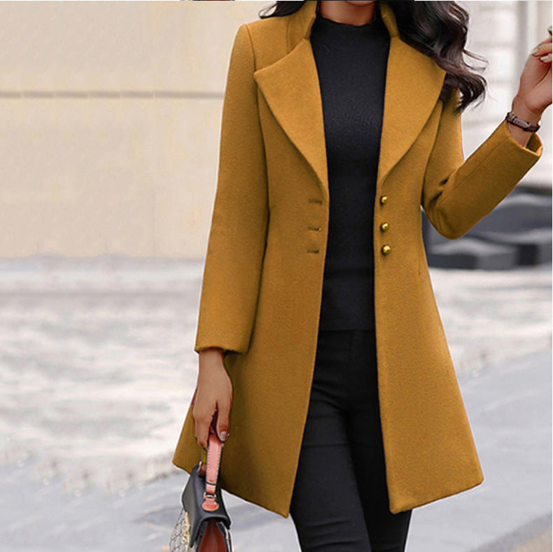 Women's tailored longline coat with notched lapels and button front