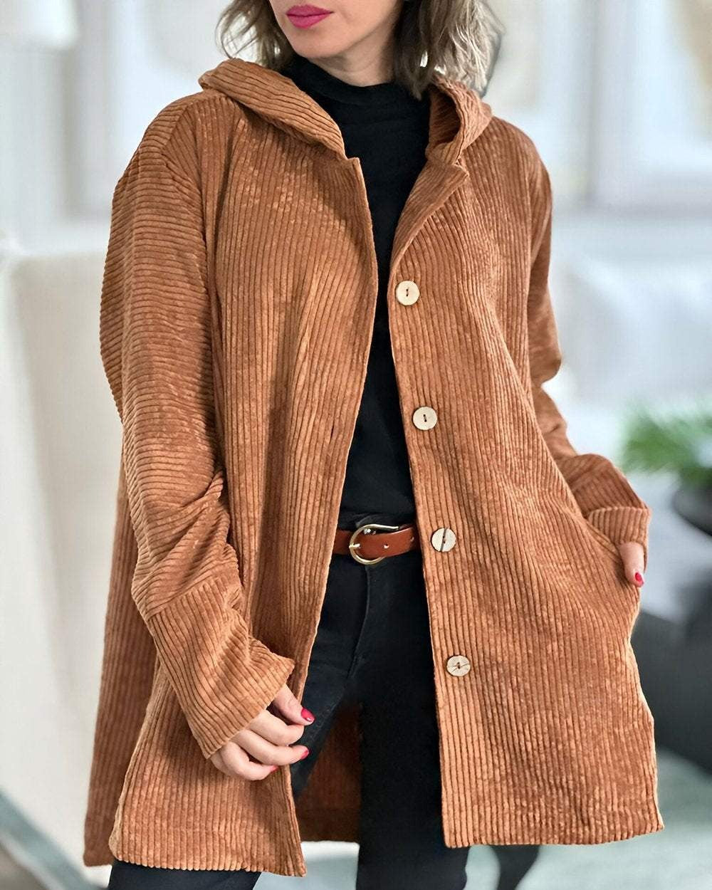 Women's hooded textured jacket with long sleeves and button front