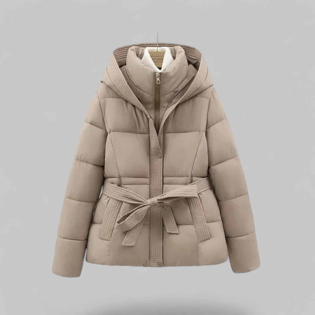 Women's hooded belted puffer jacket with quilted panels and front pockets