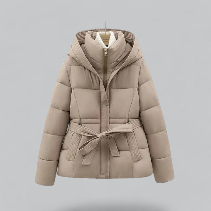 Women's hooded belted puffer jacket with quilted panels and front pockets