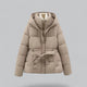Women's hooded belted puffer jacket with quilted panels and front pockets