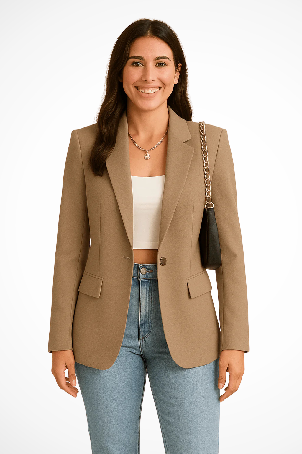 Women's tailored blazer with notched lapel, long sleeves, button fastening and flap pockets