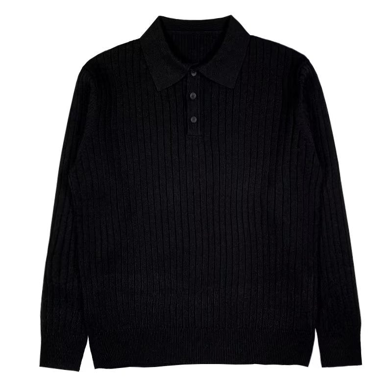 Men's long-sleeve ribbed polo sweater with collared neckline and button placket