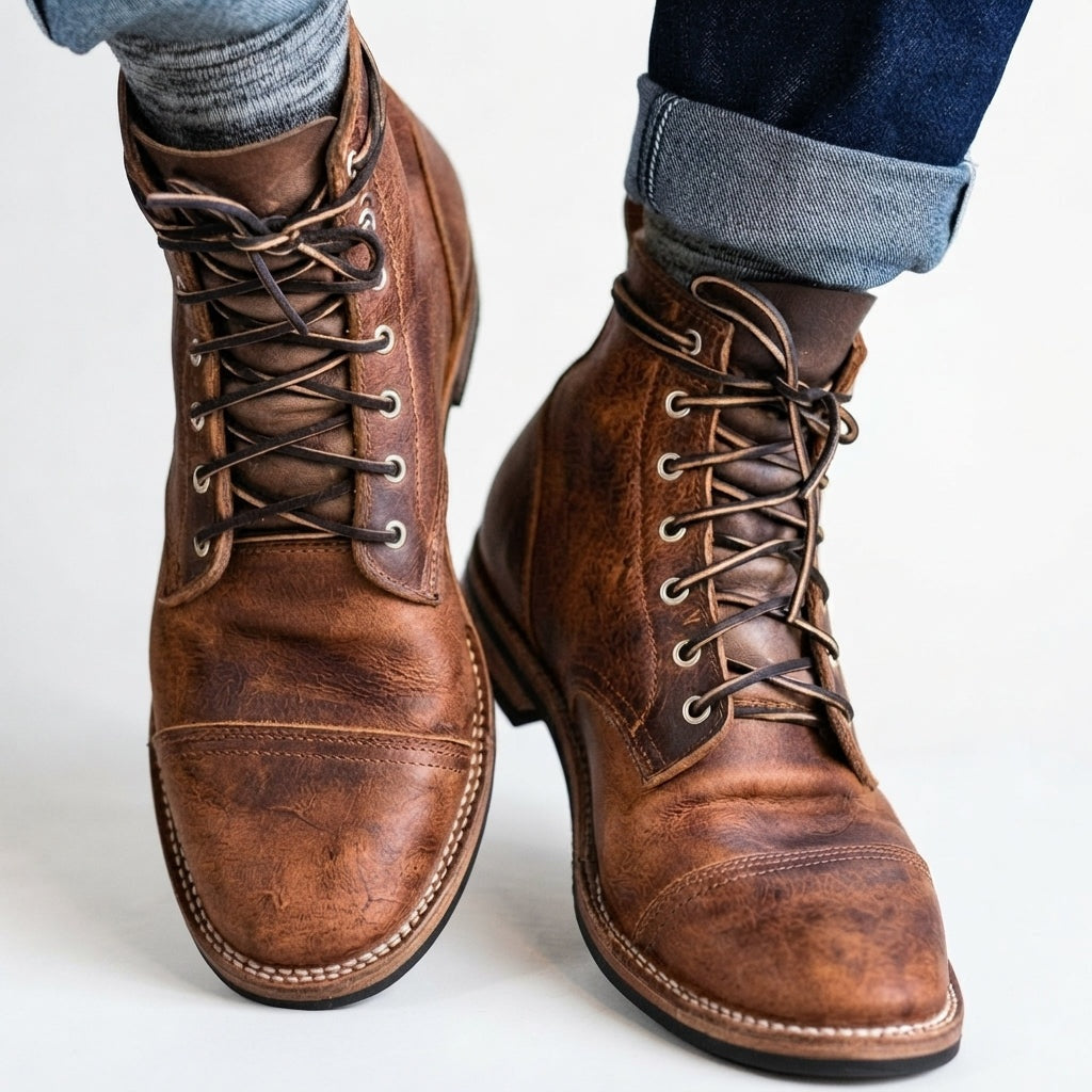 Men's lace-up ankle boots with rounded toes, stitched panels and low heels