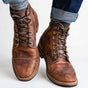 Men's lace-up ankle boots with rounded toes, stitched panels and low heels